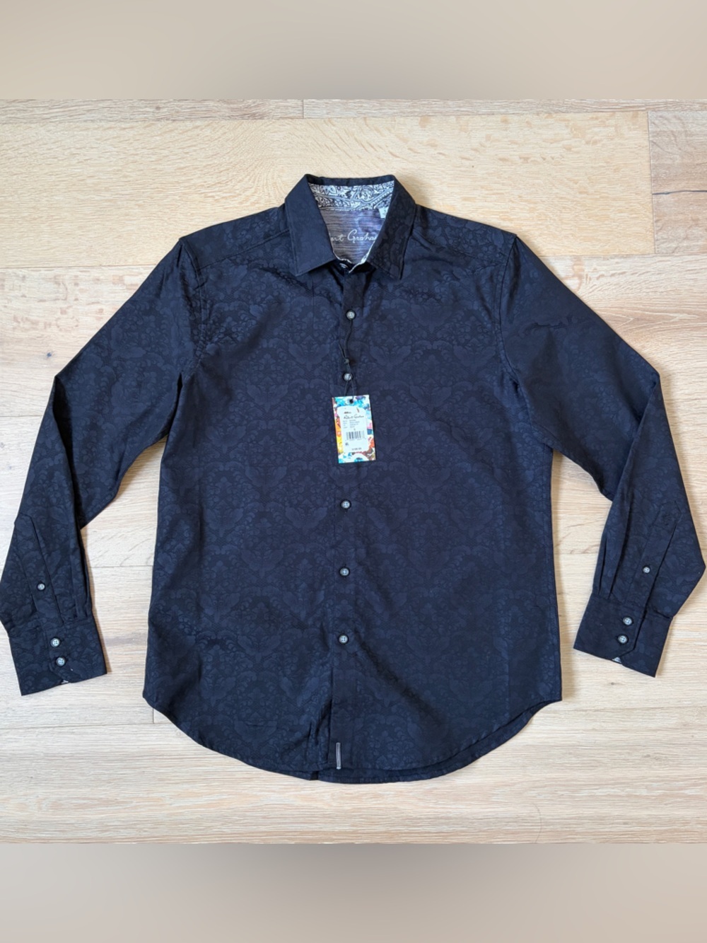 Robert Graham Bayview Black Jacquard Paisley Flip Cuff Shirt Mens S NWT $188